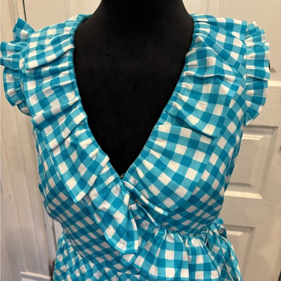 Kate Spade Blue Gingham Ruffle Tie Waist Lined Silk Designer Slimming Dress Sz 4 - Picture 5 of 11